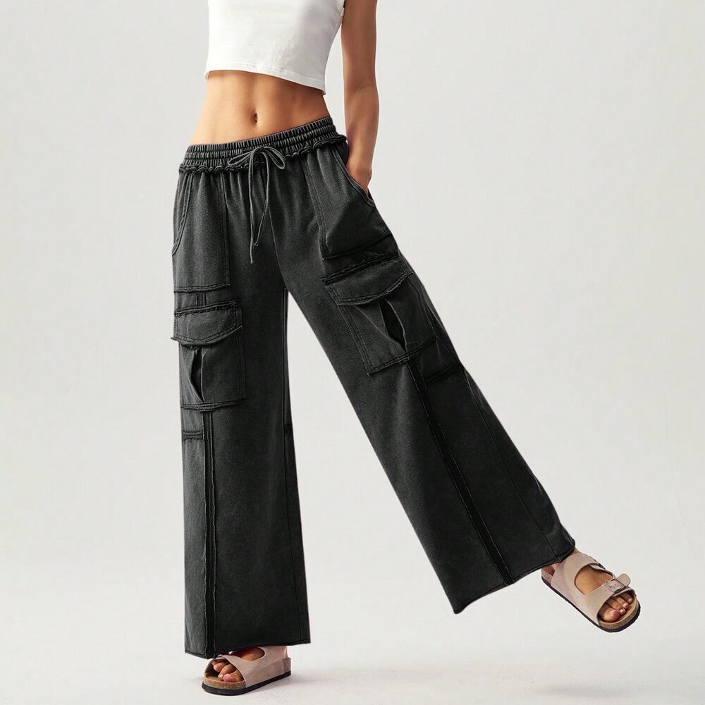Black Casual Women's Vacation Knit Pockets Wide Leg Pants